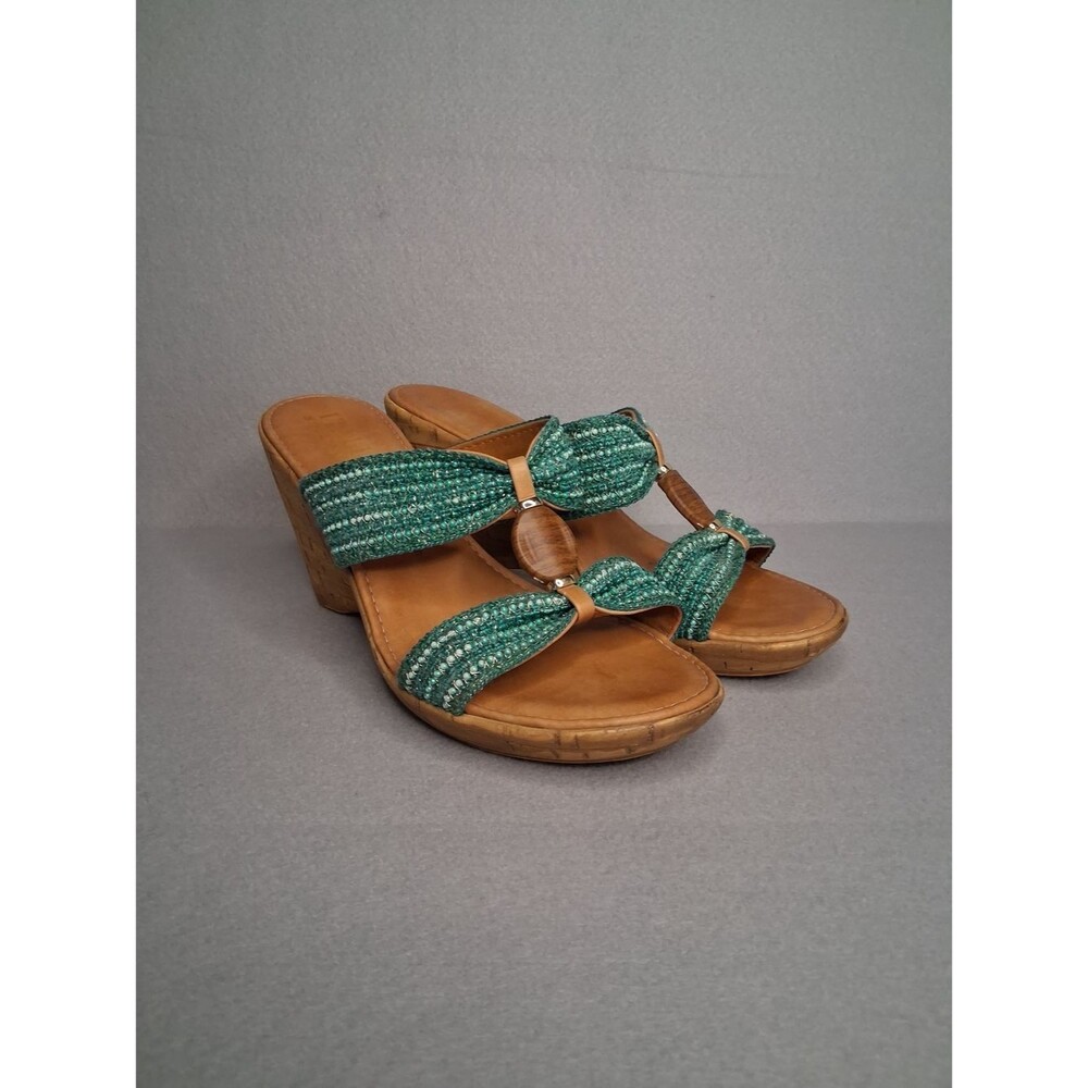 Italian Shoemakers Teal Beaded Cork Wedge Sandals Size 9 Boho Slide Heels